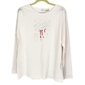 New Kim Rogers White Winter Christmas Tree Graphic Metallic Cotton Top Tee XL